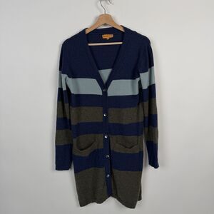 Roberta Freymann Cashmere Long Striped Cardigan Womens sz S Blue Olive Green